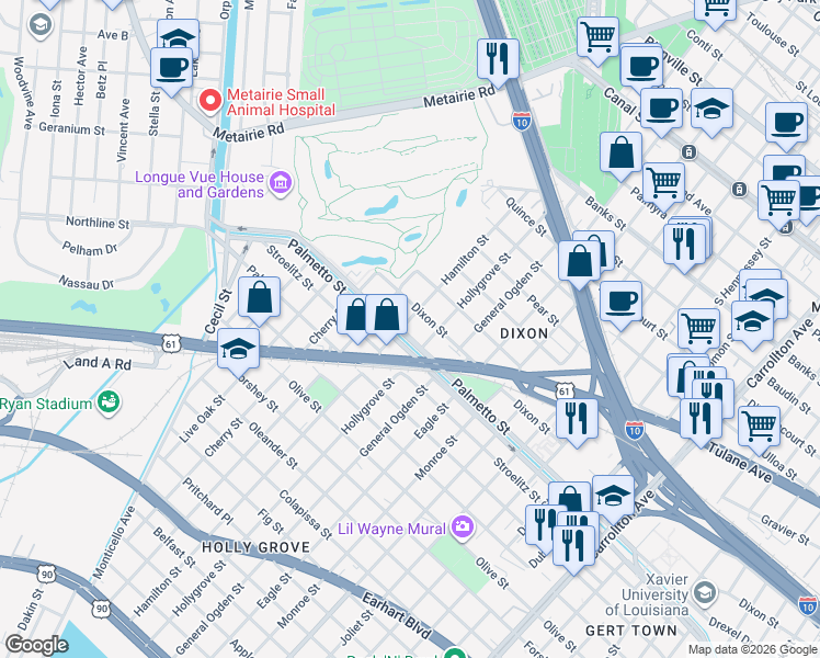 map of restaurants, bars, coffee shops, grocery stores, and more near 9017 Dixon Street in New Orleans