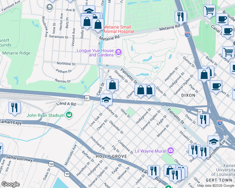 map of restaurants, bars, coffee shops, grocery stores, and more near 9425 Edinburgh Street in New Orleans