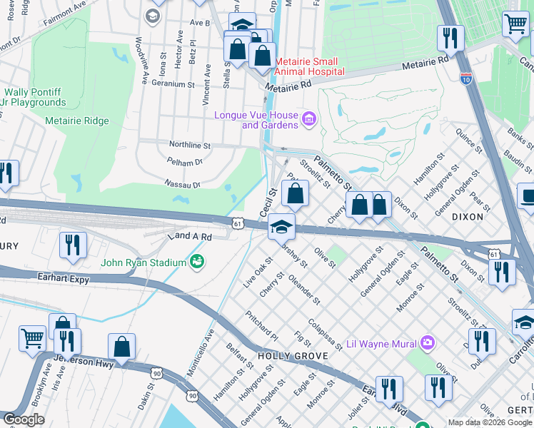 map of restaurants, bars, coffee shops, grocery stores, and more near 3405 Cecil Street in New Orleans