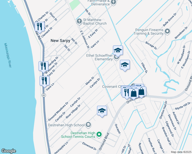 map of restaurants, bars, coffee shops, grocery stores, and more near 10 Maria Street in Destrehan