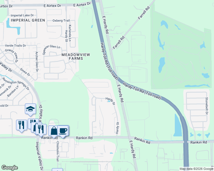 map of restaurants, bars, coffee shops, grocery stores, and more near 1042 Steel Blue Drive in Houston