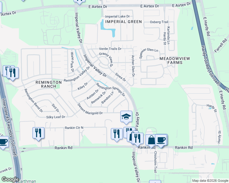 map of restaurants, bars, coffee shops, grocery stores, and more near 18918 Remington Springs Drive in Houston