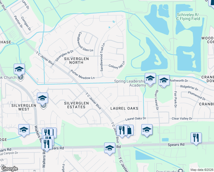 map of restaurants, bars, coffee shops, grocery stores, and more near 2226 Laurel Birch Drive in Houston