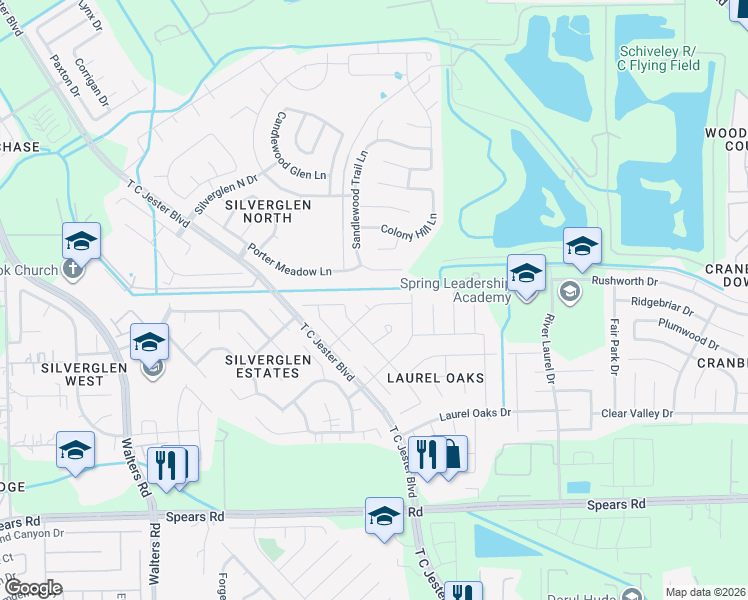 map of restaurants, bars, coffee shops, grocery stores, and more near 2226 Laurel Birch Drive in Houston