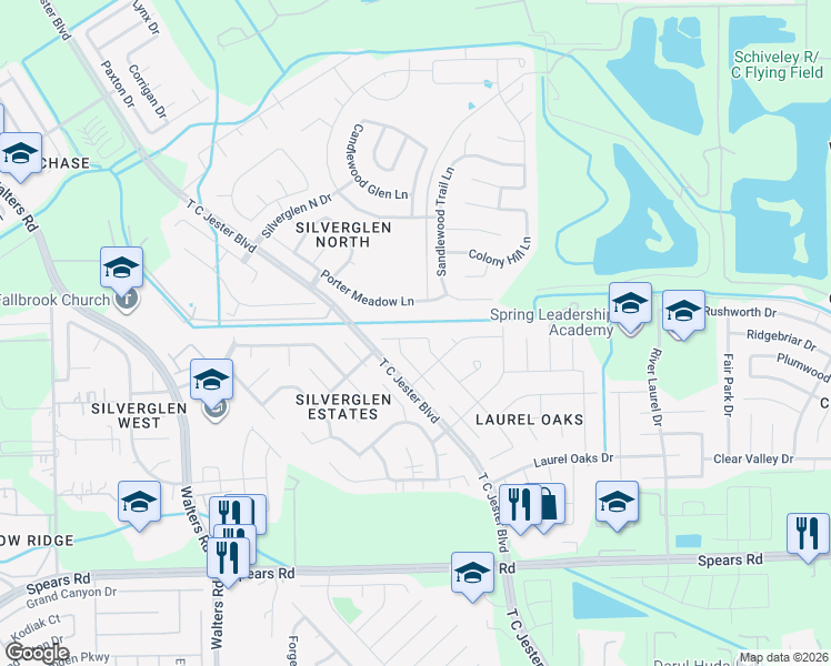 map of restaurants, bars, coffee shops, grocery stores, and more near 2306 Laurel Rustic Oaks in Houston