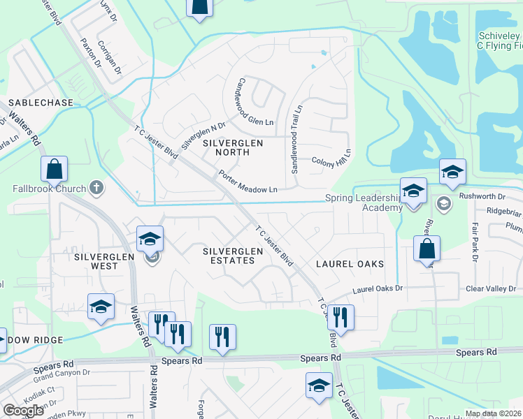 map of restaurants, bars, coffee shops, grocery stores, and more near 2414 Laurel Rustic Oaks in Houston