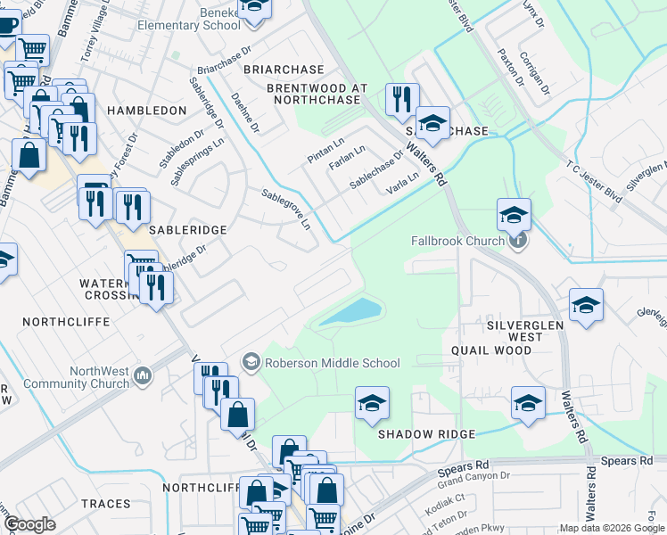 map of restaurants, bars, coffee shops, grocery stores, and more near 13611 Sablerun Lane in Houston