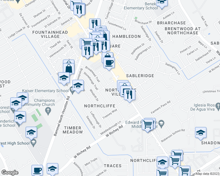 map of restaurants, bars, coffee shops, grocery stores, and more near 12951 Blackpool Lane in Houston