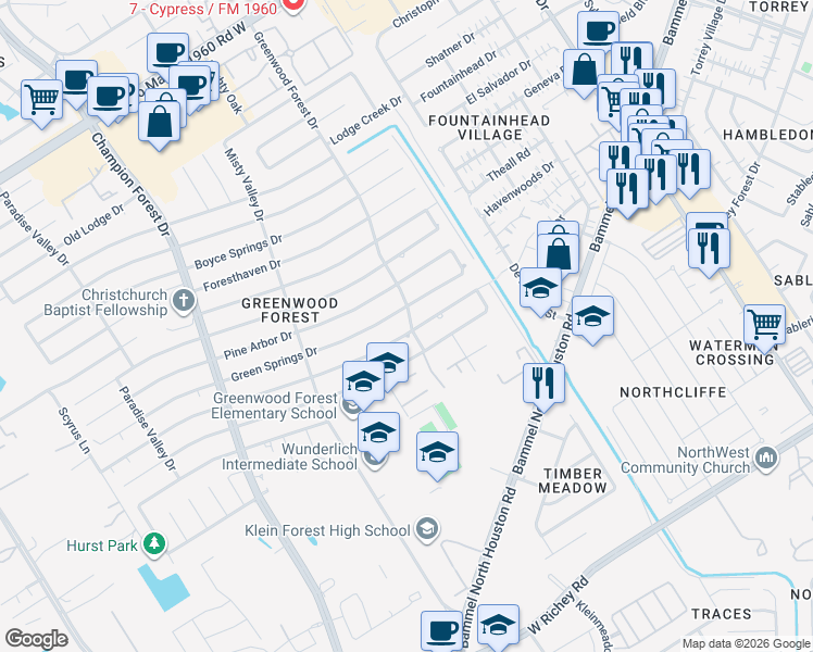 map of restaurants, bars, coffee shops, grocery stores, and more near Greenwood Forest Drive in Houston