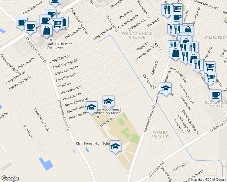 map of restaurants, bars, coffee shops, grocery stores, and more near Greenwood Forest Drive in Houston
