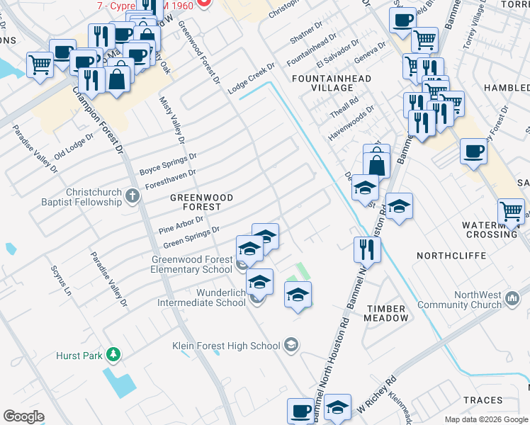 map of restaurants, bars, coffee shops, grocery stores, and more near 5322 Green Springs Drive in Houston