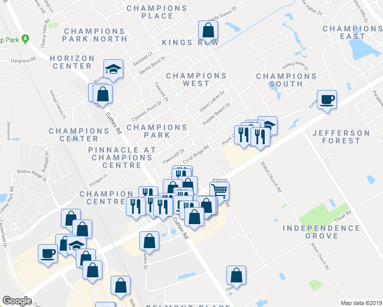 map of restaurants, bars, coffee shops, grocery stores, and more near 6711 Fawncliff Drive in Houston