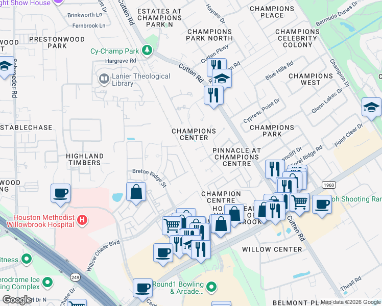 map of restaurants, bars, coffee shops, grocery stores, and more near 13611 Champions Centre Drive in Houston