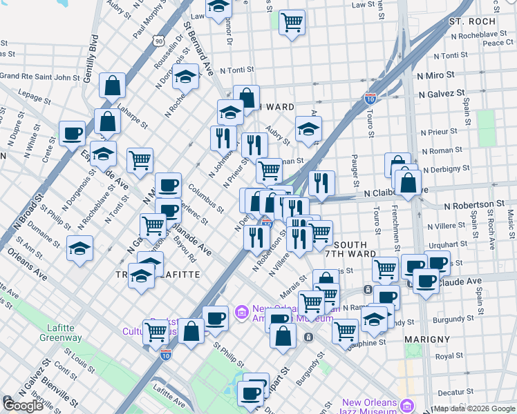 map of restaurants, bars, coffee shops, grocery stores, and more near 1554 North Derbigny Street in New Orleans