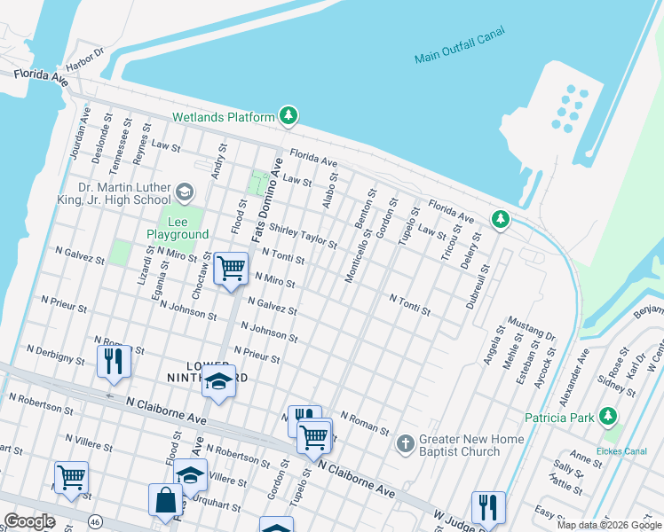 map of restaurants, bars, coffee shops, grocery stores, and more near 2330 Benton Street in New Orleans