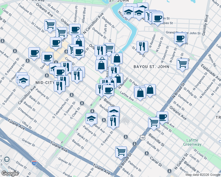 map of restaurants, bars, coffee shops, grocery stores, and more near 750 North Norman C Francis Parkway in New Orleans