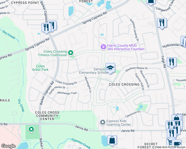 map of restaurants, bars, coffee shops, grocery stores, and more near 16214 Haden Crest Court in Cypress