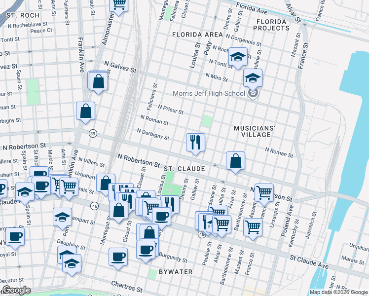 map of restaurants, bars, coffee shops, grocery stores, and more near 3334A North Derbigny Street in New Orleans