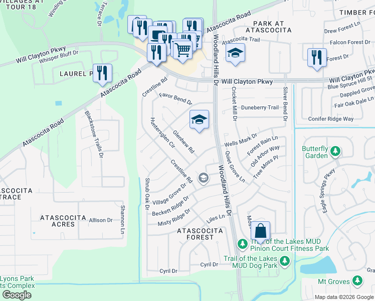 map of restaurants, bars, coffee shops, grocery stores, and more near 17319 Glenhew Road in Humble