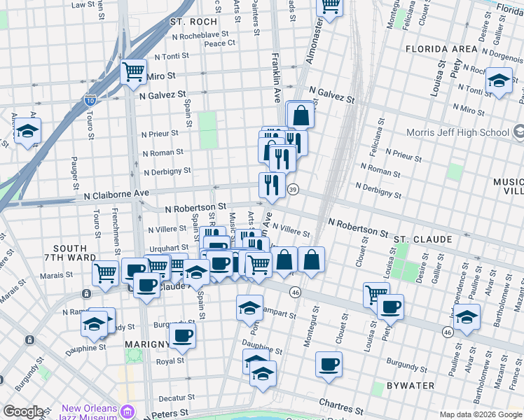 map of restaurants, bars, coffee shops, grocery stores, and more near 1436 Franklin Avenue in New Orleans