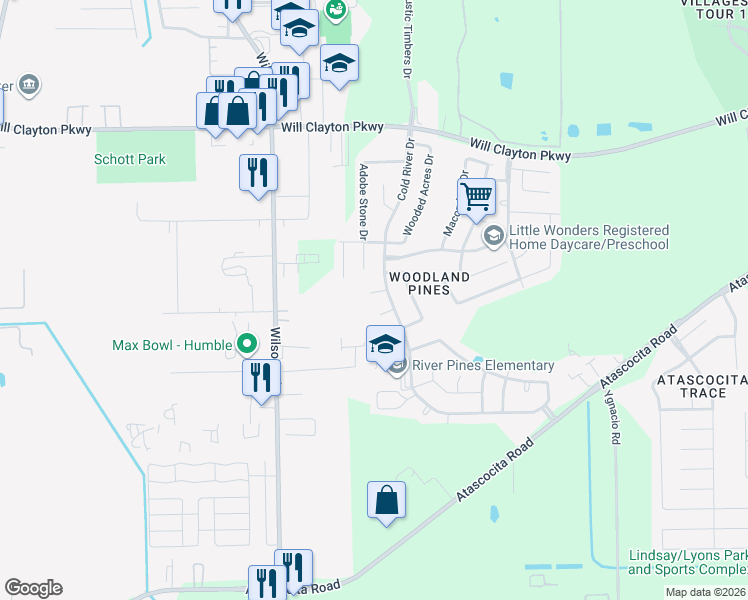 map of restaurants, bars, coffee shops, grocery stores, and more near 9305 Mill View Lane in Humble