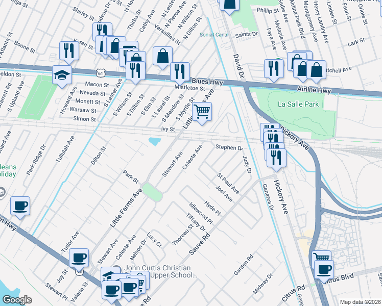map of restaurants, bars, coffee shops, grocery stores, and more near 720 Stewart Avenue in River Ridge