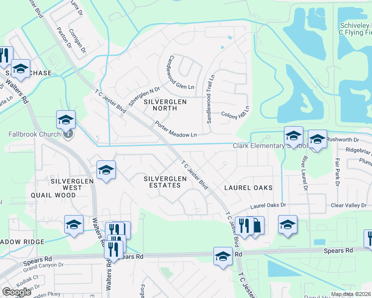 map of restaurants, bars, coffee shops, grocery stores, and more near 2414 Laurel Rustic Oaks in Houston