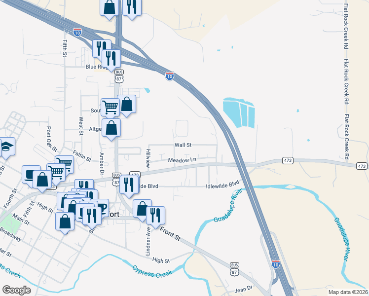 map of restaurants, bars, coffee shops, grocery stores, and more near 209 Wall Street in Comfort