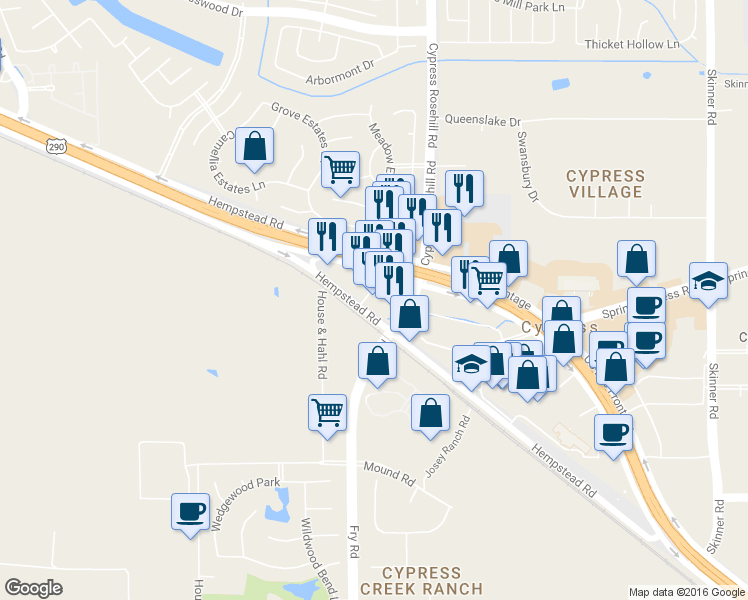 map of restaurants, bars, coffee shops, grocery stores, and more near 26281 Northwest Fwy in Cypress