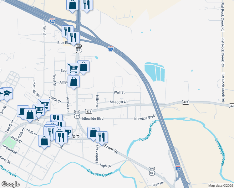 map of restaurants, bars, coffee shops, grocery stores, and more near 209 Wall Street in Comfort
