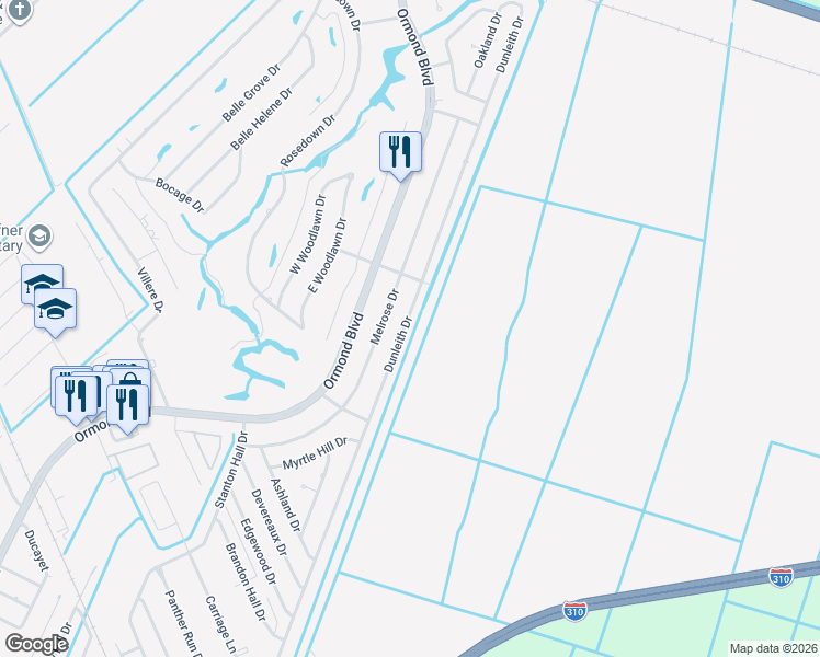 map of restaurants, bars, coffee shops, grocery stores, and more near 154 Dunleith Drive in Destrehan