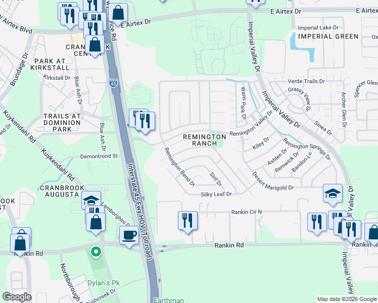 map of restaurants, bars, coffee shops, grocery stores, and more near 414 Remington Ridge Drive in Houston