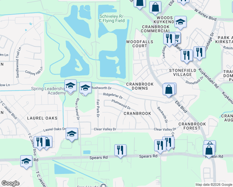 map of restaurants, bars, coffee shops, grocery stores, and more near 1627 Rushworth Drive in Houston