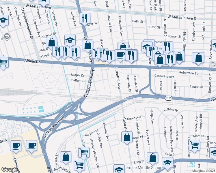 map of restaurants, bars, coffee shops, grocery stores, and more near 33 Tribune Street in Metairie