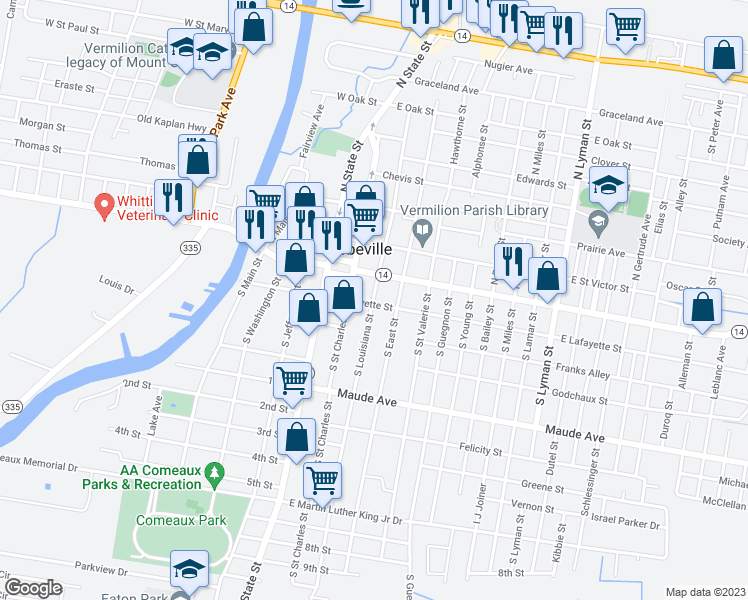 map of restaurants, bars, coffee shops, grocery stores, and more near 301 East Lafayette Street in Abbeville