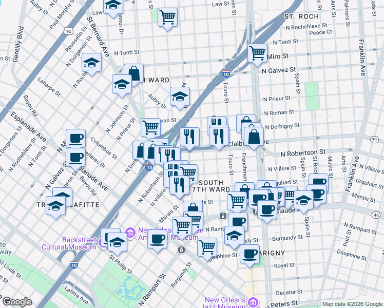 map of restaurants, bars, coffee shops, grocery stores, and more near 1706 North Claiborne Avenue in New Orleans