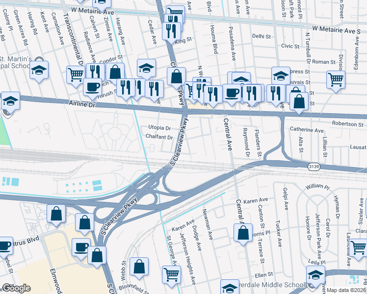 map of restaurants, bars, coffee shops, grocery stores, and more near 4510 Chalfant Drive in Metairie