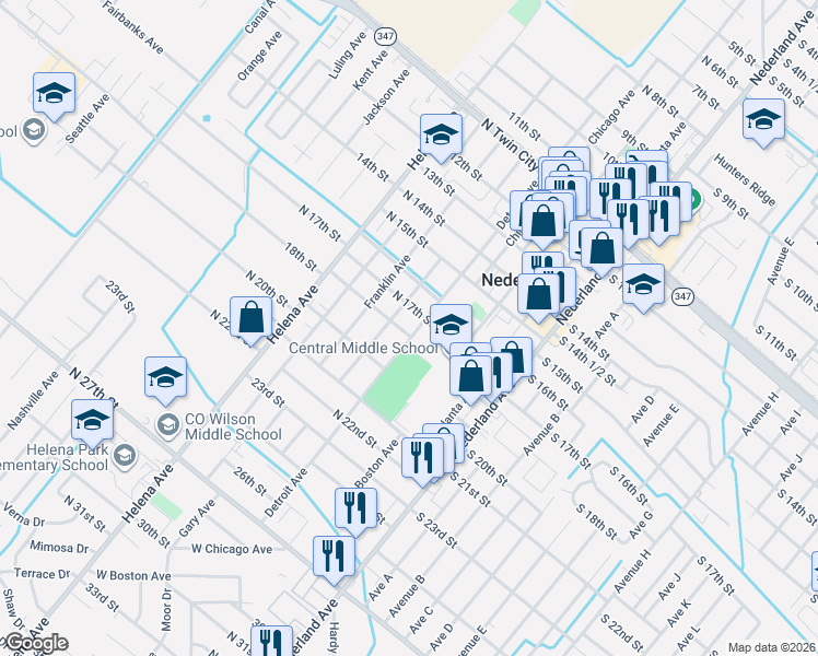 map of restaurants, bars, coffee shops, grocery stores, and more near 1720 Elgin Avenue in Nederland