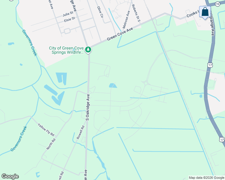 map of restaurants, bars, coffee shops, grocery stores, and more near Gustafson Farm Road in Green Cove Springs