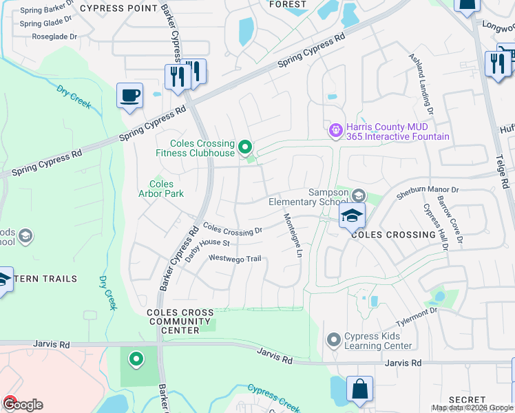 map of restaurants, bars, coffee shops, grocery stores, and more near 16323 Evergreen Lake Lane in Cypress