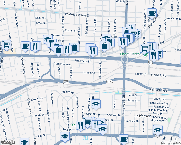 map of restaurants, bars, coffee shops, grocery stores, and more near 3653 Lausat Street in Metairie