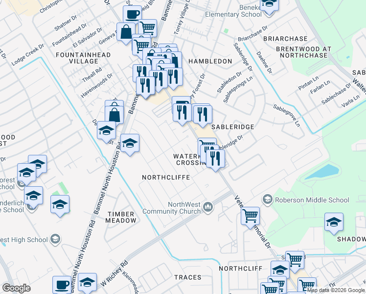 map of restaurants, bars, coffee shops, grocery stores, and more near 12951 Blackpool Lane in Houston