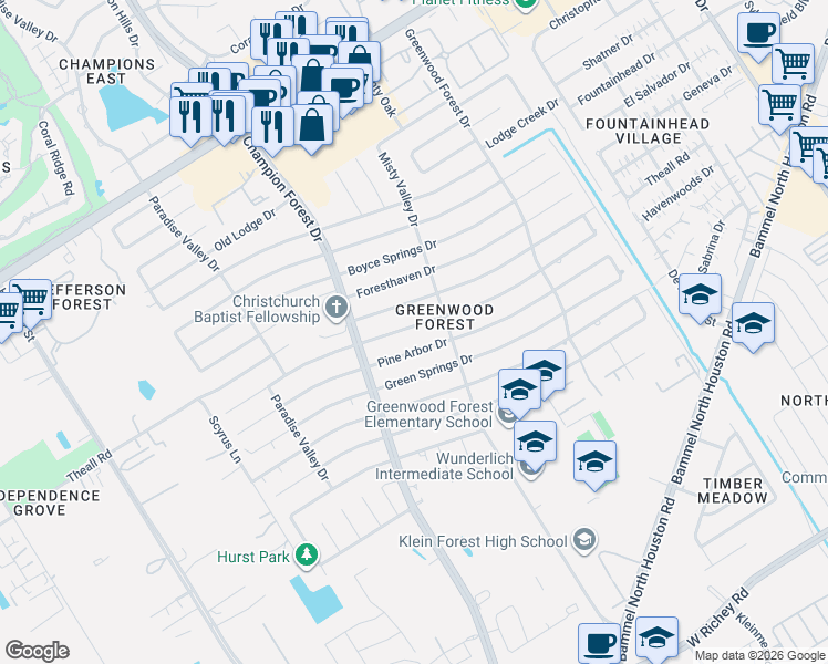 map of restaurants, bars, coffee shops, grocery stores, and more near 5521 Havenwoods Drive in Houston