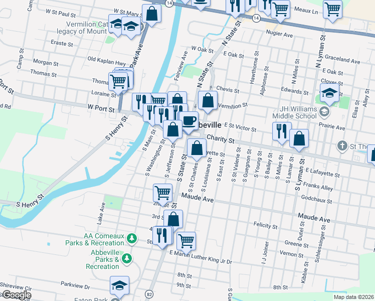 map of restaurants, bars, coffee shops, grocery stores, and more near 124 South State Street in Abbeville