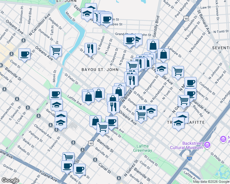 map of restaurants, bars, coffee shops, grocery stores, and more near 2743 Dumaine Street in New Orleans