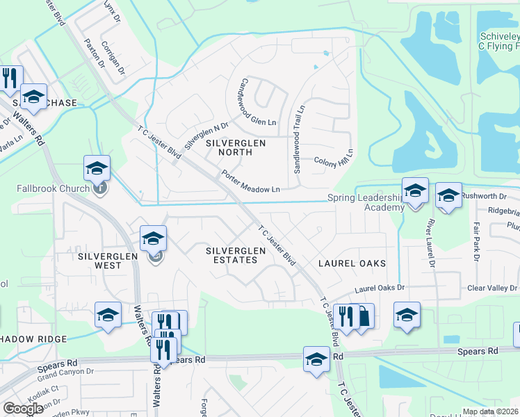 map of restaurants, bars, coffee shops, grocery stores, and more near 2414 Laurel Rustic Oaks in Houston