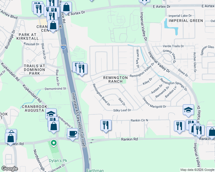 map of restaurants, bars, coffee shops, grocery stores, and more near 414 Remington Ridge Drive in Houston