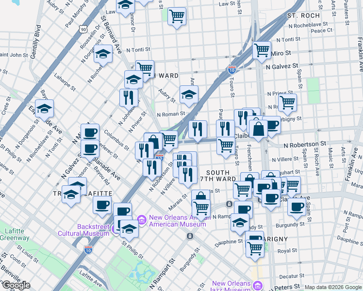 map of restaurants, bars, coffee shops, grocery stores, and more near 1644 North Claiborne Avenue in New Orleans