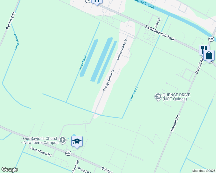 map of restaurants, bars, coffee shops, grocery stores, and more near 619 Orange Grove Drive in New Iberia