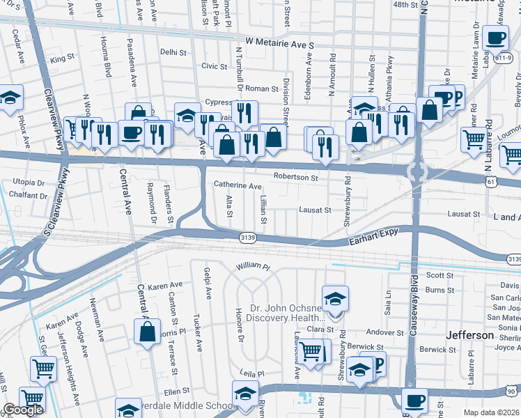 map of restaurants, bars, coffee shops, grocery stores, and more near 1018 Greentree Avenue in Metairie